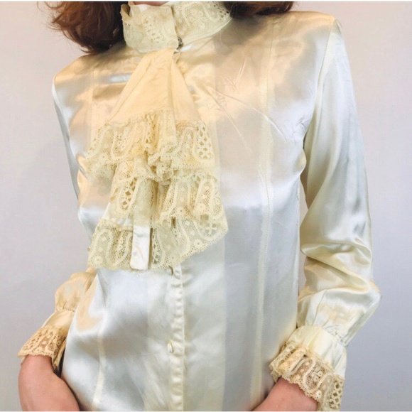 Vintage 60’s Cream Silky Victorian Style High Neck - Picture 2 of 4